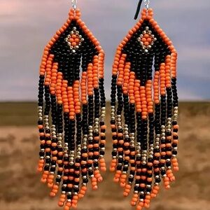 Beaded Dangle Earrings - Orange and Black